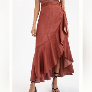 Anthropologie Maeve Red Ruffle Wrap Midi Skirt Size XS